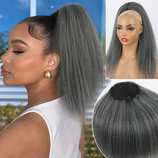 Leosa Salt And Pepper Drawstring Ponytail For Black Women Gray Ponytail Extension Short Kinky Straight Ponytail Drawstring Yaki