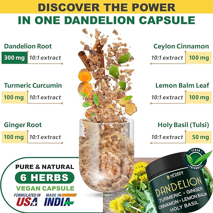Dandelion Root Supplement 7500mg 6in1 for Digestion, Heart Health & Immune - Blended with Ginger, Turmeric Curcumin, Ceylon Cinnamon, Lemon Balm & Holy Basil - 100 Dandelion Capsules