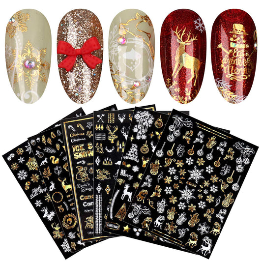9 Sheets Christmas Nail Art Stickers Decals Self-Adhesive Pegatinas Uas Gold White Nail Supplies Nail Art Design Decoration Acce