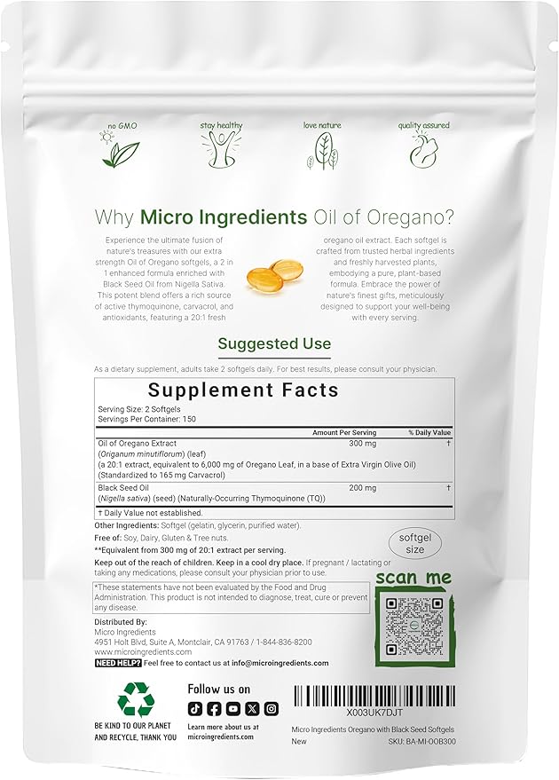 Micro Ingredients Oil of Oregano 6,000mg Softgels & L-Theanine 200mg with Magnesium Glycinate Bundle 2 Pack | 4X Strength Carvacrol & Thymoquinone | Amino Acid & Mineral Complex