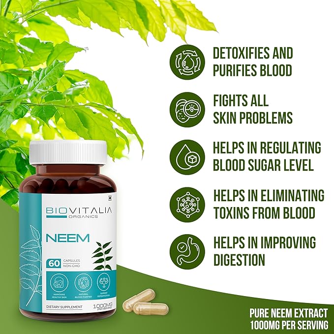 Biovitalia Plant Based Neem 1000mg Capsule for Men & Women | Dietary Supplement | Support Healthy & Promote Detoxification - 60 Vegan Capsules