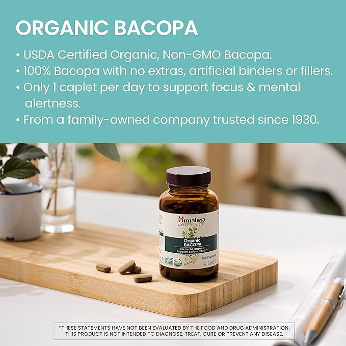 Himalaya Organic Bacopa Monnieri Nootropic Herbal Supplement, Supports Calm, Memory, Cognition, USDA Certified Organic, Non-GMO, 750 mg, 60 Plant-Based Caplets, 60 Day Supply
