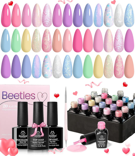 Beetles 24Pcs Gel Nail Polish Set, Pink Purple Pearl Pastel Blue Shimmer Chameleon Green Colors 2025 Spring Gel Polish Kit, 3Pcs