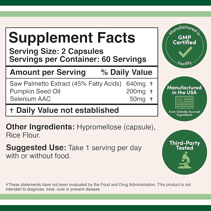 Prostate Support Supplement for Men's Health (120 Capsules) One Serving per Day for 30 Days Supports Prostate Function and Urinary Control (Saw Palmetto, Pumpkin Seed Oil, Selenium) by Double Wood