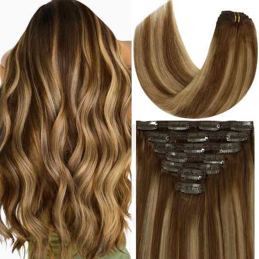 Loxxy Human Hair Extensions Ombre Chocolate Brown To Caramel Blonde Thick Silky Straight Clip In Double Weft Brazilian Human Hai