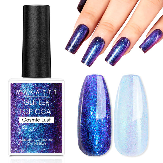 Makartt Glitter Top Coat Gel Nail Polish, Blue Aurora No Wipe,10Ml Cosmic Lust Top Coat For Nail Salon, Home, Soak Off By Aceton