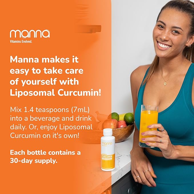 Manna Vitamins Evolved Liposomal Liquid Curcumin for Advanced Absorption Best Turmeric Supplement for Daily Joint & Immune Health Support - Vegan, Non-GMO, 95% Curcuminoids