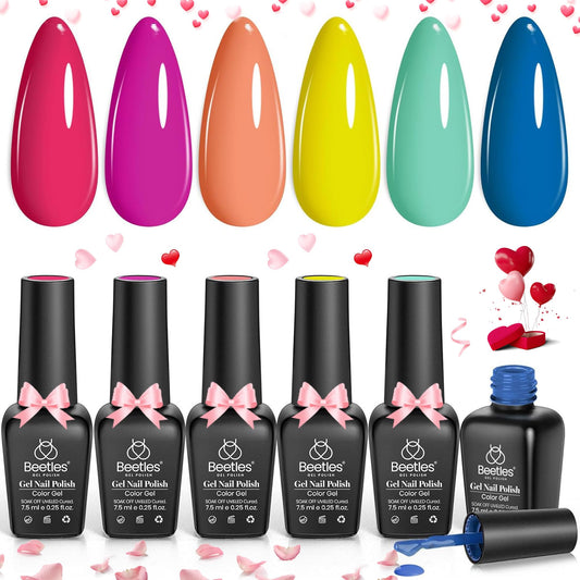 Beetles Gel Nail Polish Set, 6 Colors Bright Rainbow Nail Art Orange Blue Pink Green Neon Gel Polish Kit Soak Off Uv Gel Diy Nai