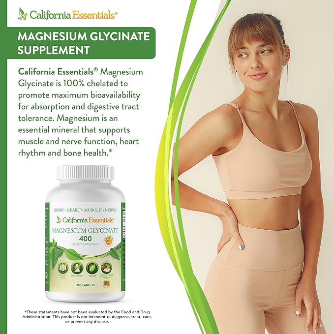 California Essentials Magnesium Glycinate 400 - Chelated, High Absorption Elemental Magnesium for Muscle Relief, Bone & Heart Support -Vegan, Non-GMO, Gluten-Free (360 Counts (Pack of 1))