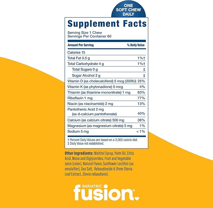 Bariatric Fusion Bariatric Calcium Chews | Calcium Citrate with Vitamin D3 Calcium Supplement Bariatric Vitamin | Sugar Free Calcium Citrate Chewable | Calcium Citrate 500mg | Lemon | 60 Count