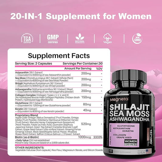 All-in-One Sea Moss, Shilajit, Ashwagandha & Glutathione Supplement for Women, Boosts Energy, 60 Capsules