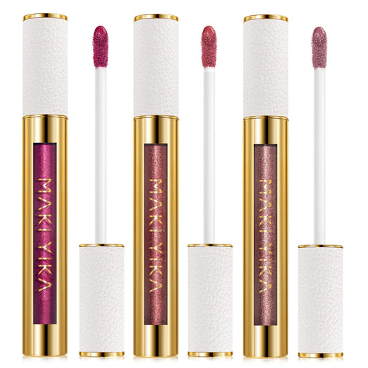 Maki Yika 3Pc Metallic Lipstick Long Lasting, Hot Pink Red Brown Glitter Lipsticks, High Shine Lipstick No Smudge No Transfer Li