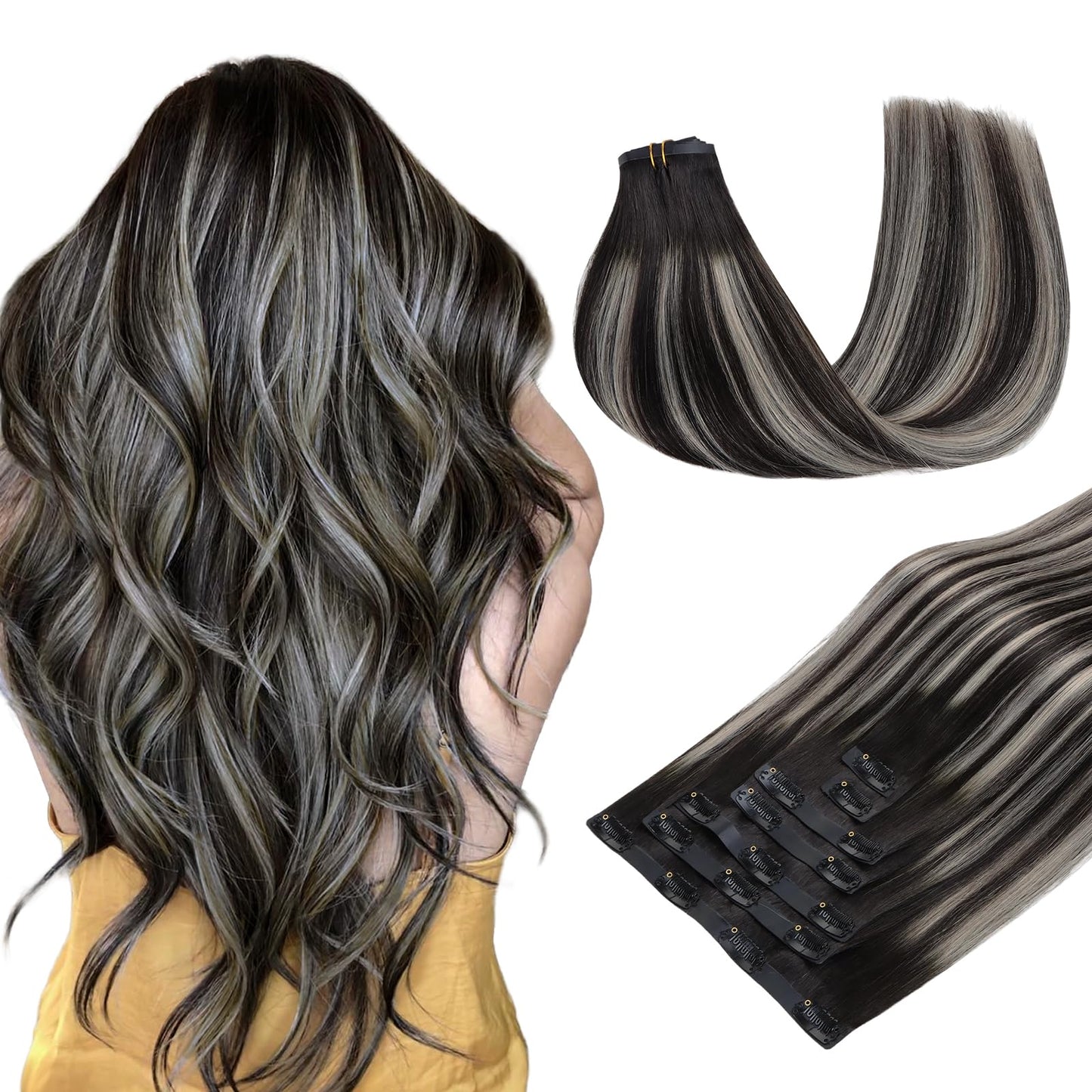 Maxita Clip In Hair Extensions Real Human Hair,110G 7Pcs Natural Black Mixed Silver 16 Inch,Seamless Hair Extensions Clip In Hum