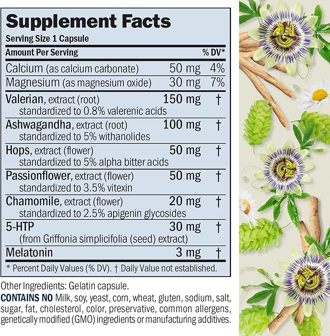 ANDREW LESSMAN Night Time 60 Capsules - 3mg Melatonin, Valerian, Ashwagandha, Passionflower, Hops, Chamomile. No Morning Hangover. Natural Support, Gentle Restful Sleep. Easy to Swallow Capsules