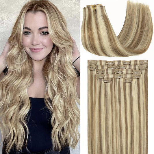 Loxxy Seamless Human Hair Clip In Extensions 22Inch Piano Light Ash Brown Mixed With Platinum Blonde Clip In Hiar Extensions Rea