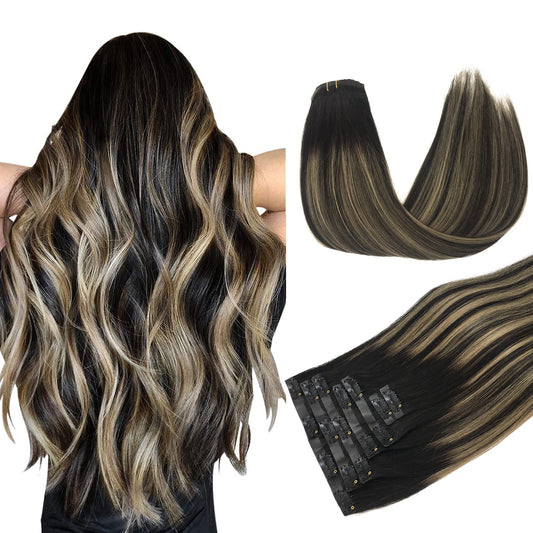 Doores Hair Extensions Clip Ins, Natural Black To Light Blonde 7Pcs 14 Inch 130G, Seamless Clip In Hair Extensions Remy Hair Thi