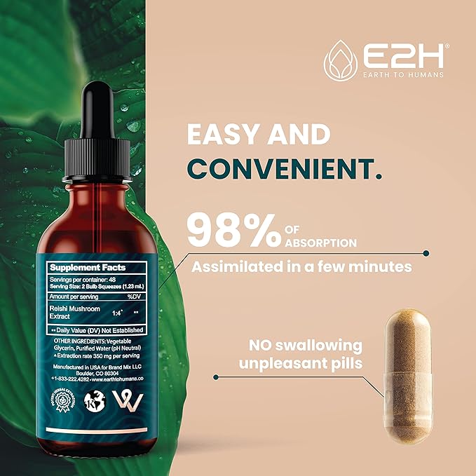 E2H Reishi Mushroom Extract - All-Natural Energy, Vitality and General Wellness Support from Advanced Mushroom Supplement - Reishi Mushrooms Supplement - Non-GMO, Vegan (2 Bottles)