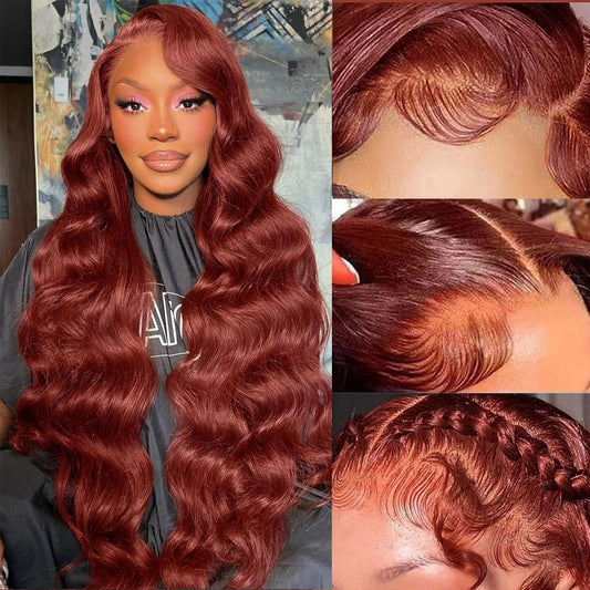 Aicrelery 32 Inch Reddish Brown Lace Front Wigs Human Hair Pre Plucked 13X6 Hd Transparent Body Wave Auburn Colored Lace Front W