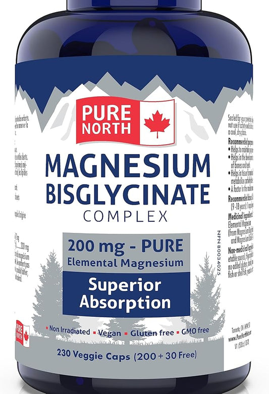 Magnesium Bisglycinate Complex 200mg, (200+30) V-Caps - Helps in The Development and Maintenance of Bones and Teeth - Helps The Body to Metabolize Carbohydrates, Proteins & Fats