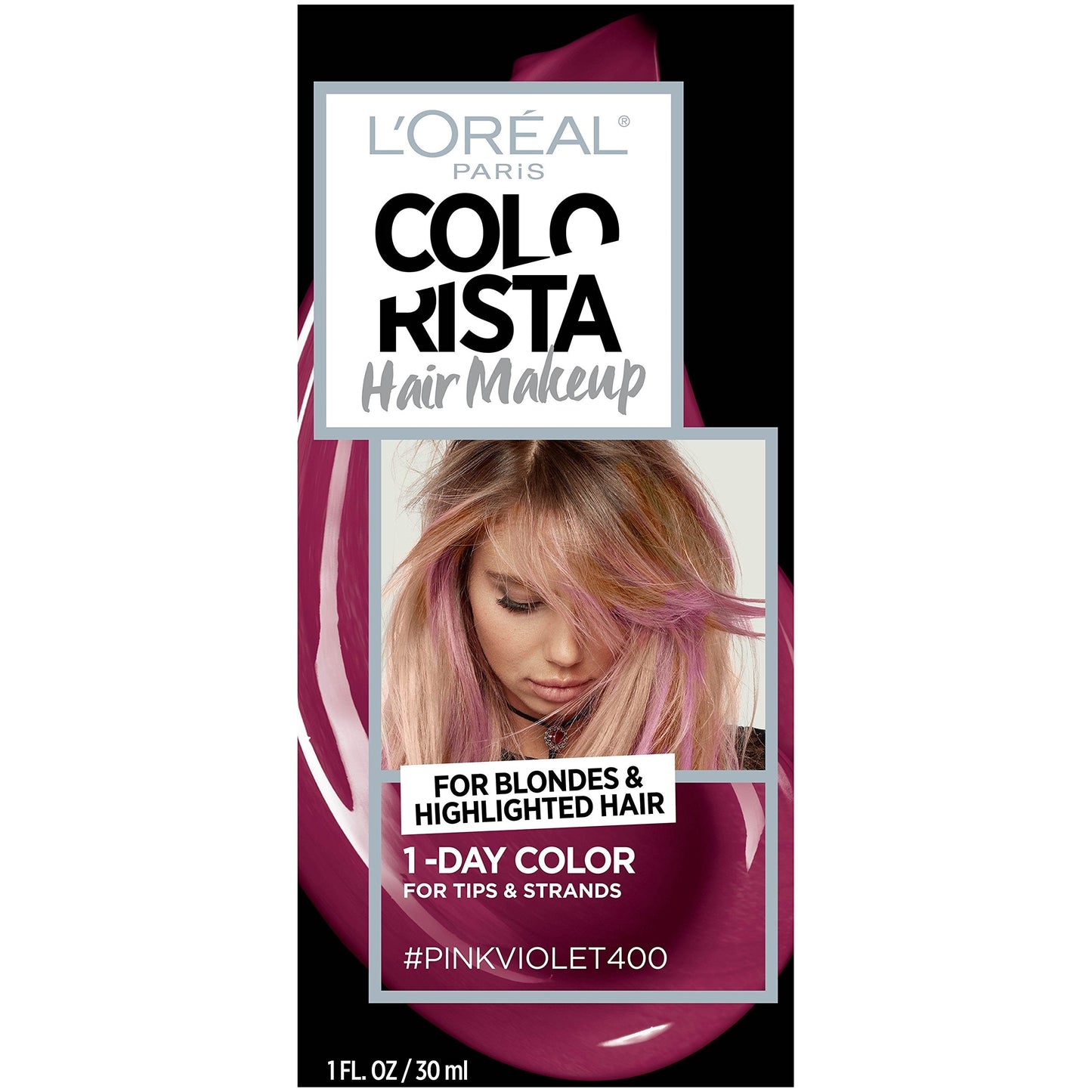 L'Oreal Paris Hair Makeup Temporary 1-Day Hair Color For Blondes, Pink Violet 400, 1 Fluid Ounce