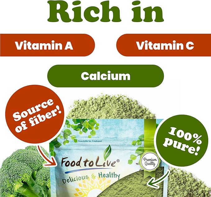 Food to Live Broccoli Powder, 3 Pounds – Nutrient-Rich Green Superfood for Smoothies, Shakes and Cooking, High in Fiber, Vitamins and Antioxidants, Vegan, Kosher, Bulk