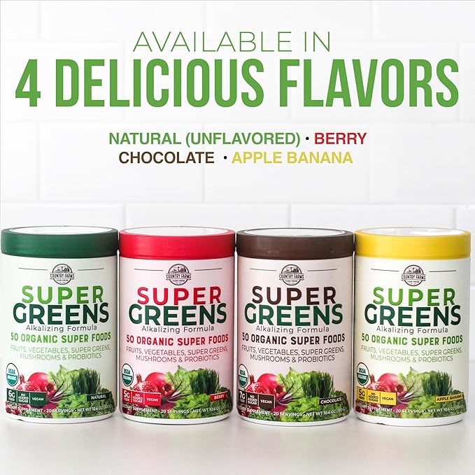 Country Farms Organic Super Greens Berry Flavor, 50 Organic Super Foods, Packed with Fiber, USDA Organic Drink Mix, Fruits, Vegetables, Mushrooms & Probiotics, Supports Energy, 5g Fiber