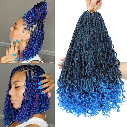 Boho Box Braids Crochet Hair 14 Inch 8 Packs Blue Box Braid Crochet Hair With Curly Ends Goddess Box Braids Crochet Hair Extensi