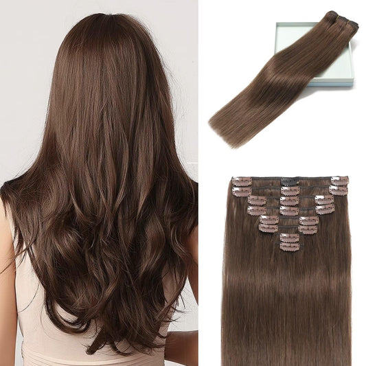 Lorien Clip In Hair Extensions Real Human Hair, 16 Inch 90G, 4 Dark Brown, Clip In 100% Brazilian Remy Human Hair Extensions 8Pc