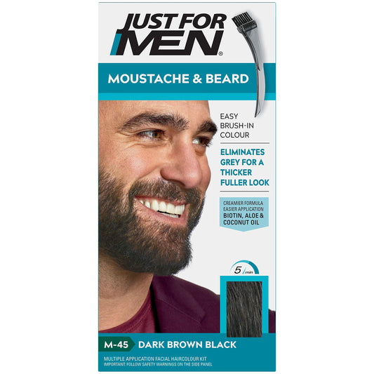 Just For Men Moustache & Beard M45 - Dark Brown Black Dye, Eliminates Grey For A Thicker & Fuller Look With An Applicator Brush