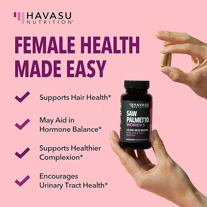 Saw Palmetto for Women with Biotin 5000mcg - Powerful DHT Blocker to Support Hair, Skin, and Nail Health - 60 Count - Vegan, Non-GMO Vitamin for Stronger, Fuller Looking Locks - 1 Month Supply