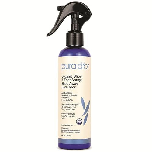 PURA D'OR Organic Shoe & Foot Odor Eliminator Spray (8oz) Deodorizes & Removes Bad Smells with Eucalyptus, Peppermint, Tea Tree, Lemongrass Essential Oil, Maximum Strength (Packaging may vary)