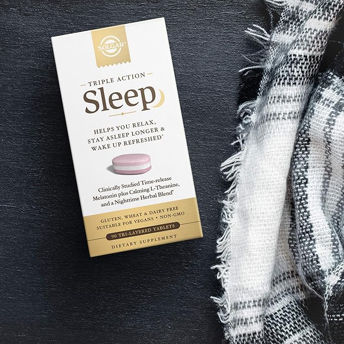 Solgar Triple Action Sleep, 90 Tri-Layer Tablets - Time-Release Melatonin & L-Theanine Plus Herbal Blend - Helps You Relax - Non-GMO, Gluten Free - 90 Servings