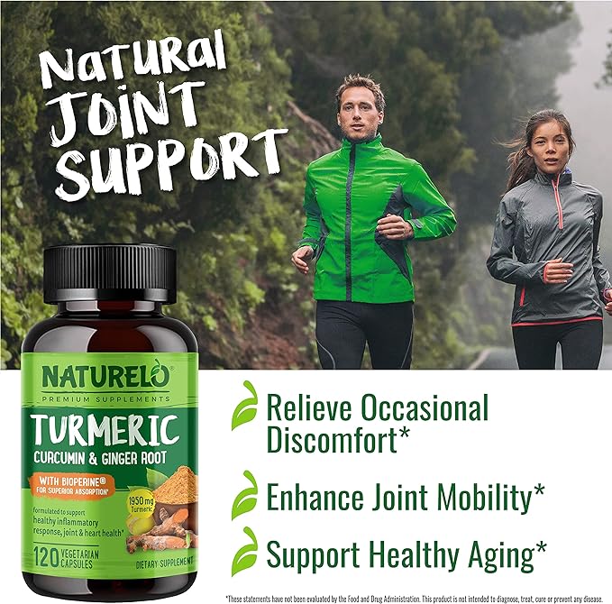 NATURELO Turmeric Curcumin - BioPerine for Better Absorption - Black Pepper, Ginger Root, Curcuminoids - Plant-Based Joint Discomfort Support - 120 Vegan Capsules