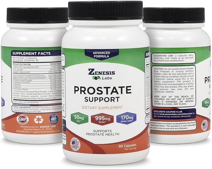 Zenesis Labs Prostate Health with Saw Palmetto - 90 Capsules - Also with Zinc, Copper, Pumpkin Seed, Burdock Root, Amino Acids, & Other Extracts - 45 Day Supply