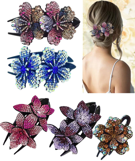 Ljc-20 Hair Clip, 5 Pcs Double Flower Rhinestone Hair Clip, Elegant Hair Clips For Women, Crystal Hair Accessory For Thick Hair,