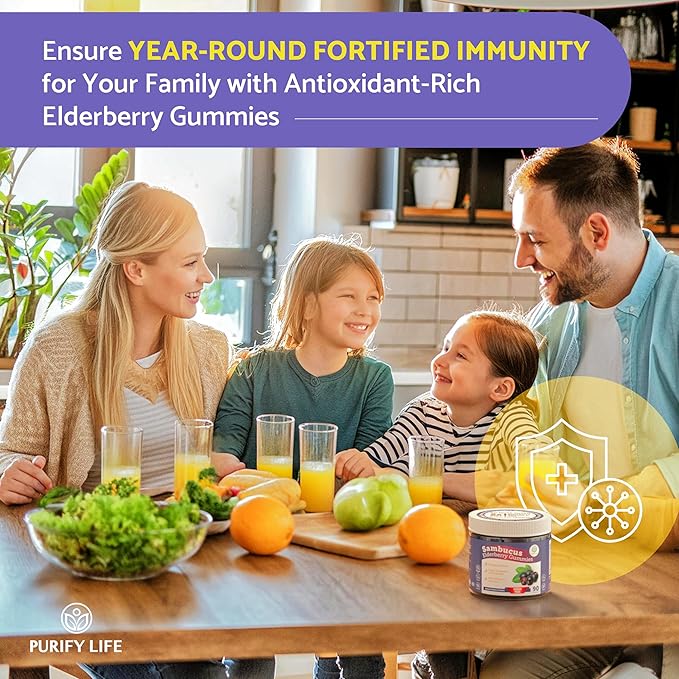 Purify Life Sugar-Free Elderberry Gummies with Vitamin C & Zinc for Adults and Kids, Immune Support Supplement for Respiratory Health, Sambucus Elderberry Antioxidant Gummies - Vegan, 90 Count