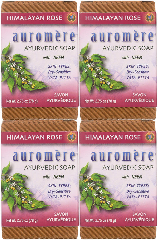 Auromere Ayurvedic Bar Soap, Himalayan Rose - Eco Friendly, Handmade, Vegan, Cruelty Free, Natural, Non Gmo (2.75 Oz), 4 Pack