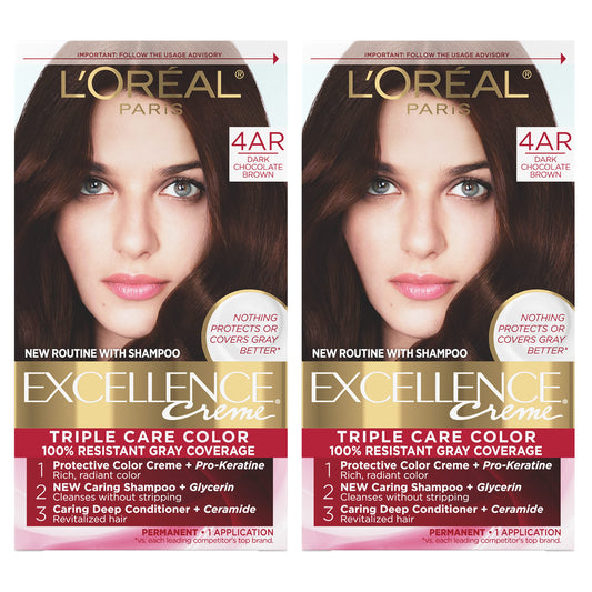 L'Oreal Paris Excellence Creme Permanent Hair Color, 4Ar Dark Chocolate Brown, 100 Percent Gray Coverage Hair Dye, Pack Of 2