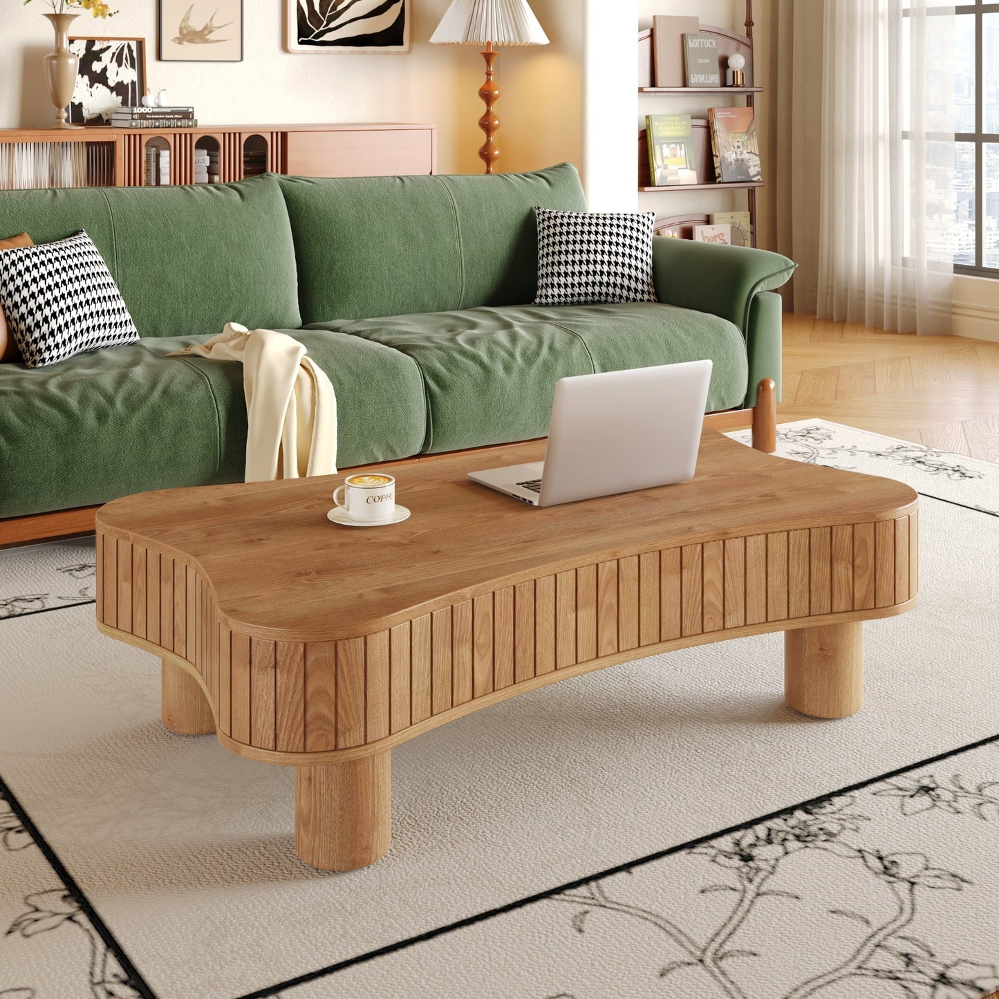 Lift Top Coffee Table for Living Room 42" - Fluted Panel Hidden Storage, Silent Hydraulic Lift, Curved Safety Corners, 5 Min Assembly (27"W X 13-18.9"H, Light Brown)